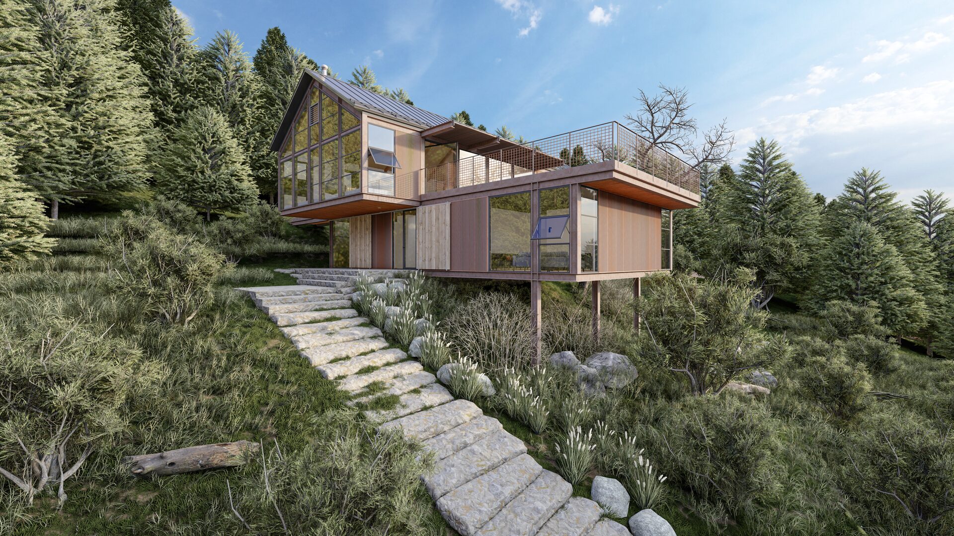 Elevated modern forest cabin exterior 3D render with mountain landscape - Studio Lunex architectural visualization