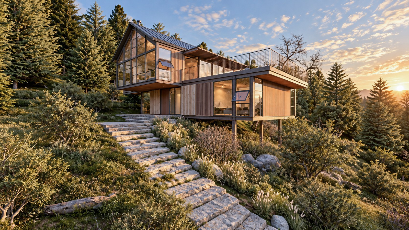 Timber and glass cabin on a forested hillside with stone steps at sunset, 3D exterior render