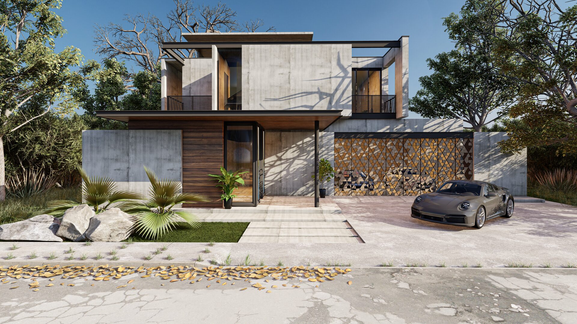 Modern concrete villa exterior 3D render with timber accents and luxury driveway - Studio Lunex architectural visualization