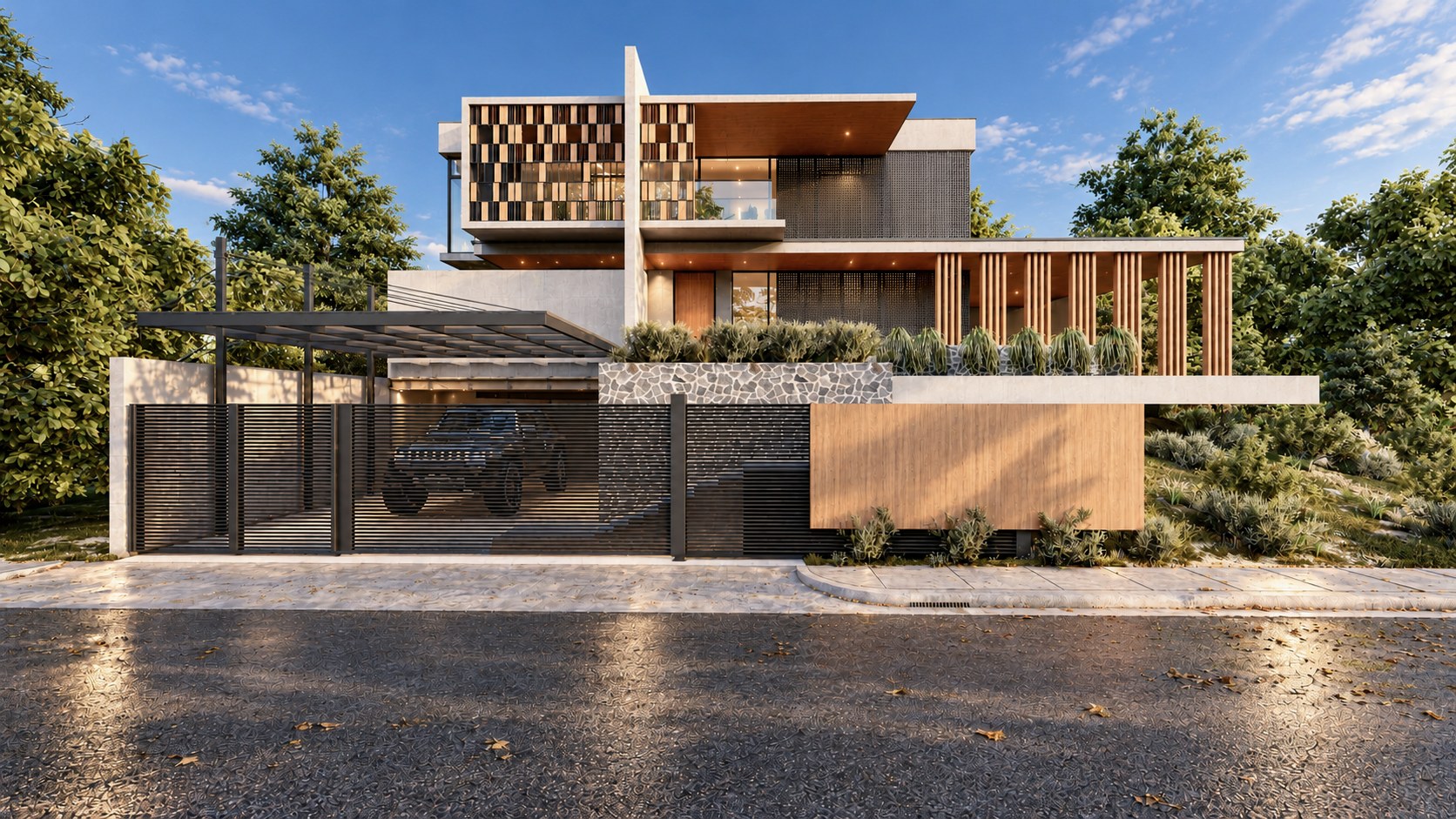 Modern multi-level residence with timber screens, stone wall and gated driveway, 3D exterior render