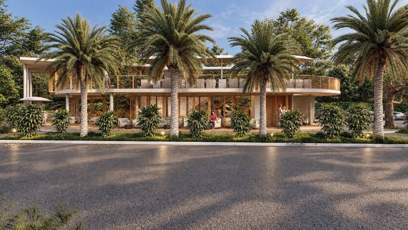 Two-storey curved timber and concrete lounge building framed by palm trees, 3D exterior render