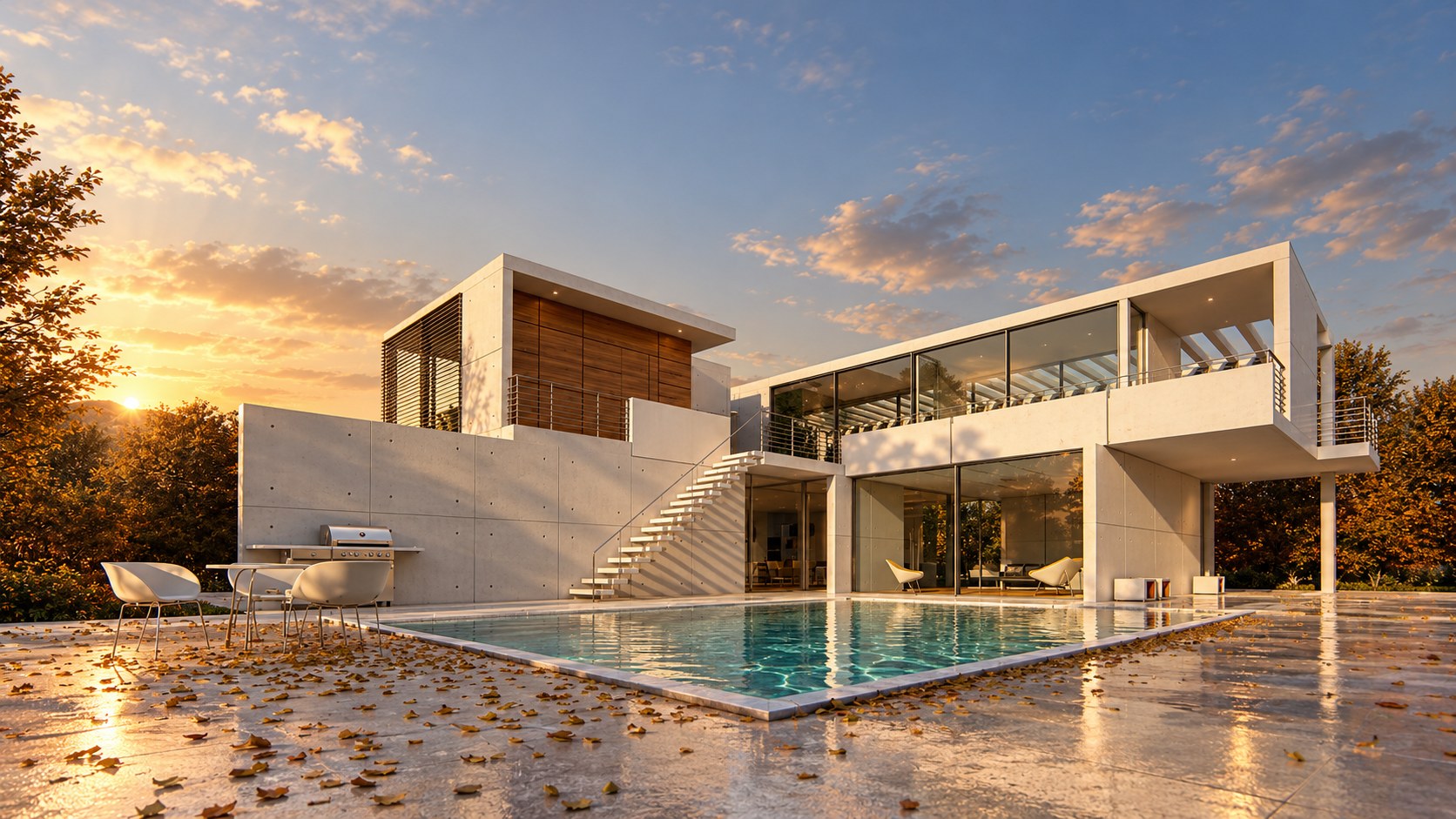 Modern concrete and glass villa with pool at golden hour sunset, 3D exterior render