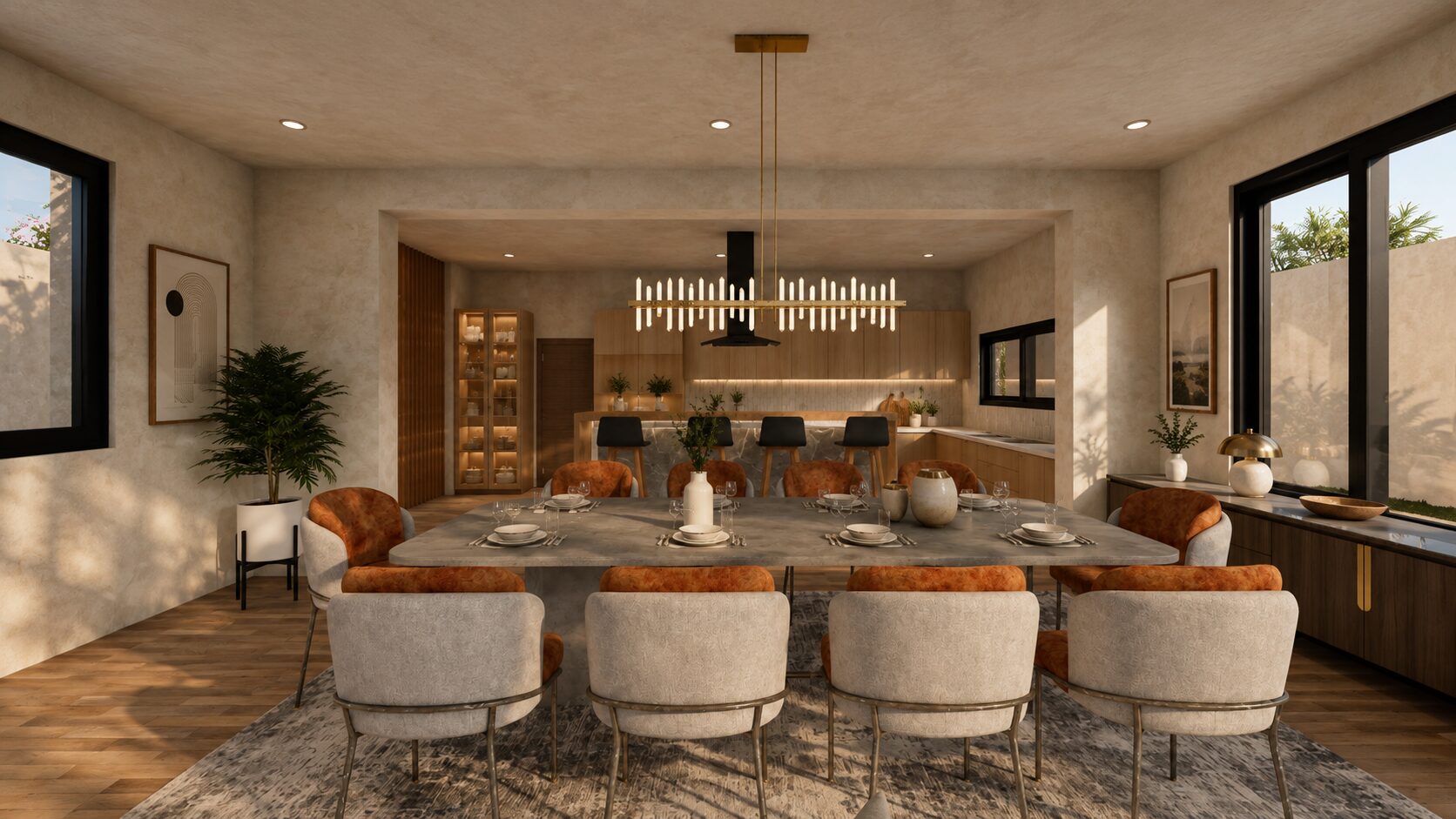 Open concept dining room and kitchen interior 3D render with statement lighting - Studio Lunex architectural visualization