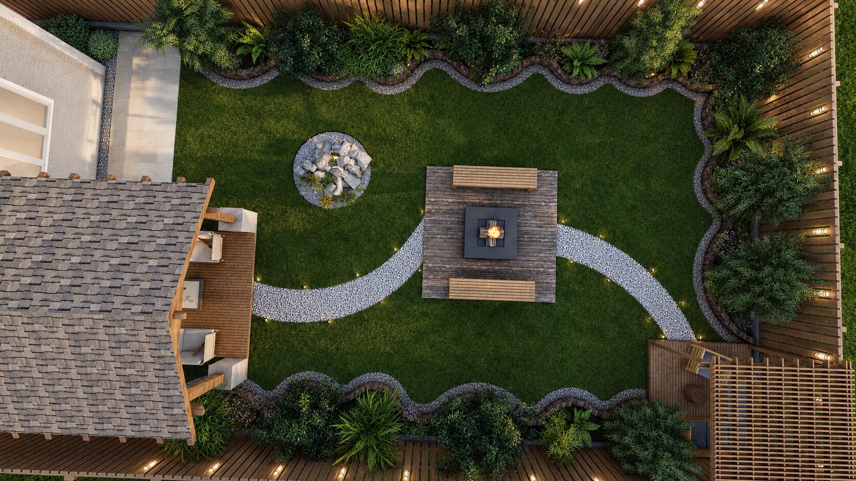 Aerial backyard landscape masterplan 3D render with pergola, fire pit and garden paths - Studio Lunex architectural visualization